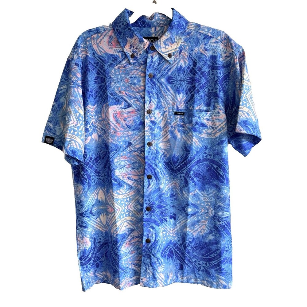 TANOA SAMOA Aloha Shirt Blue Hawaiian Print Stretch No Iron Mens Size M